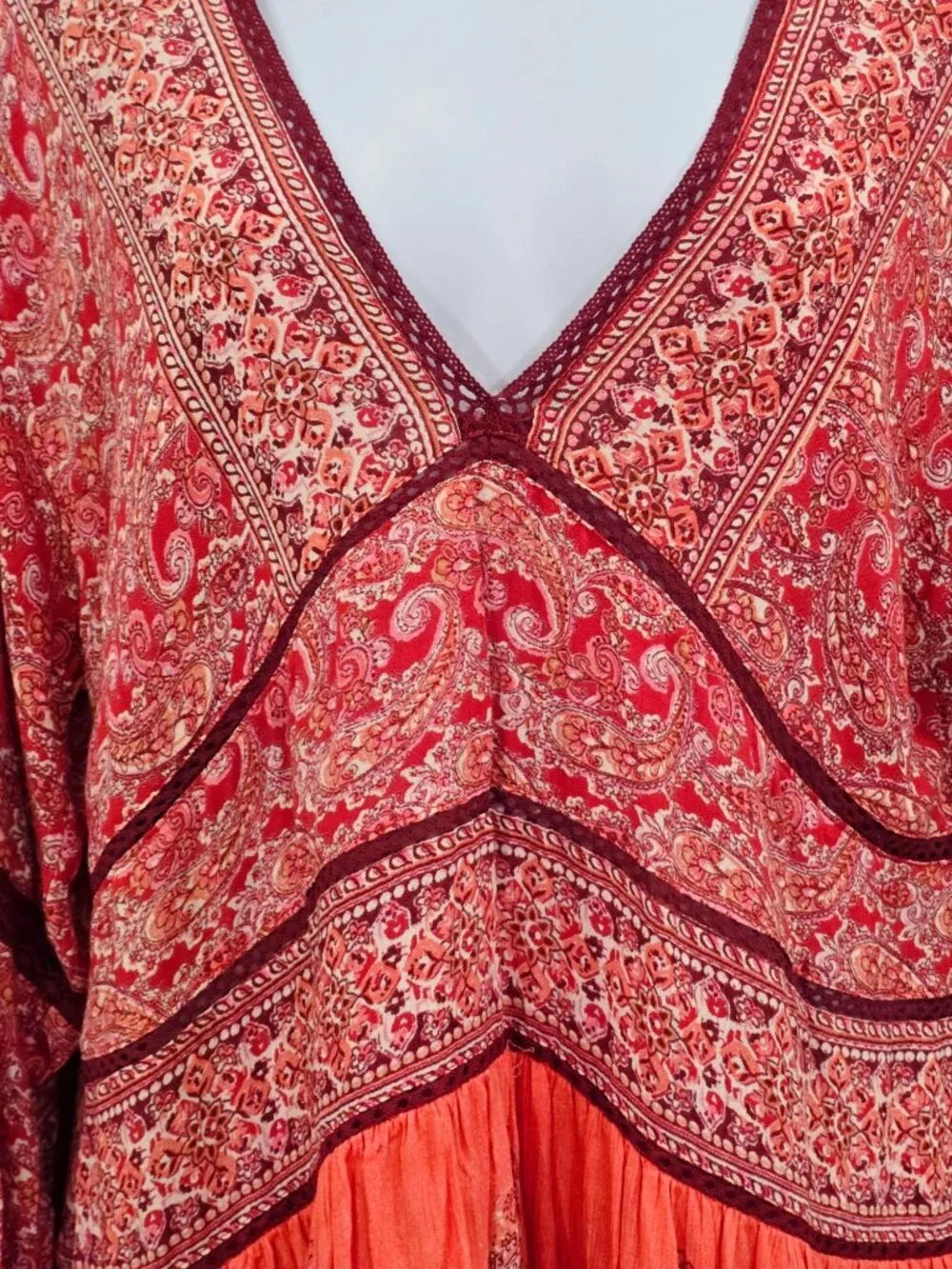 Free People ✦ Paisley Babydoll Tunic Dress ✦ Red Orange Oversized Boho Festival - Picture 10 of 13